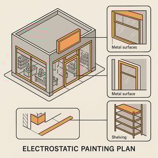 retail storefront features a detailed layout showcasing breakout schematics that illustrate the specific areas designated for electrostatic painting of metal components These schematics highlight the various sections of the storefront indicating wher